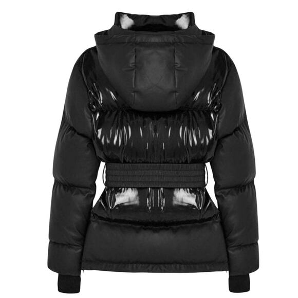 Maniere De Voir Matte & High Shine Belted Puffer Jacket Size 6 Black Mid Length - Picture 2 of 14